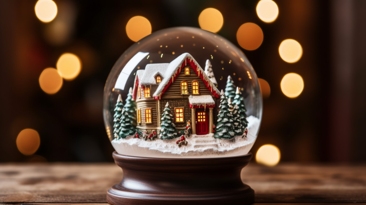 圣诞水晶球圣诞树小木屋摄影图