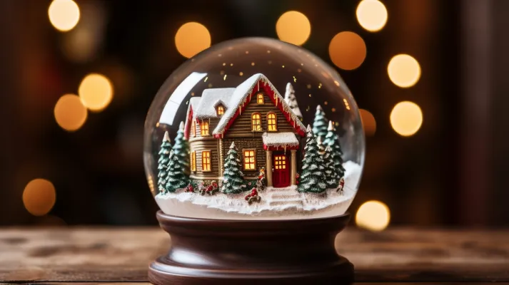 圣诞水晶球圣诞树小木屋摄影图