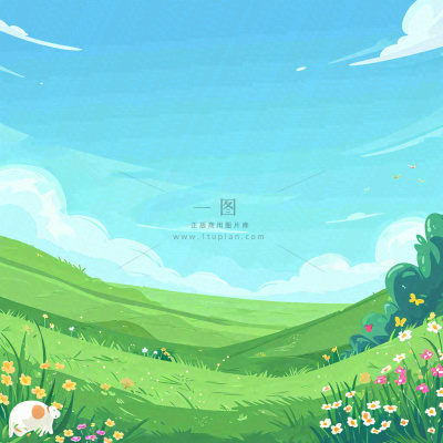 春天清新蓝天白云草地绵羊花朵扁平插画手绘 春天清新蓝天白云草地绵羊花朵扁平插画手绘