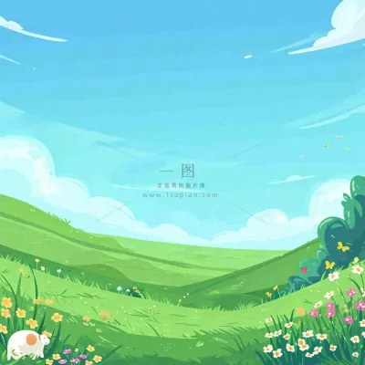 春天清新蓝天白云草地绵羊花朵扁平插画手绘 春天清新蓝天白云草地绵羊花朵扁平插画手绘