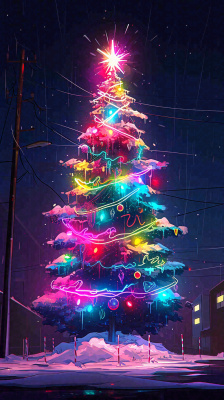 炫酷圣诞彩色缤纷圣诞树节日，夜晚街道建筑，暗黑