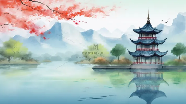 春天江南水乡山水阁楼凉亭红花树水墨画插画背景