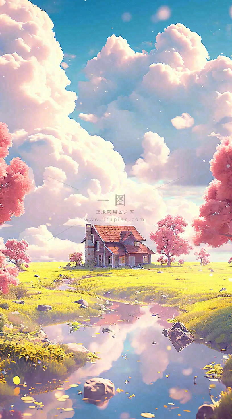 蓝天草坪上小屋房子在河流旁，河面倒影