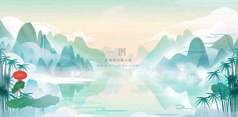 中国风插画山水竹叶青色插画清新淡雅端午节插画背景 中国风插画山水竹叶青色插画清新淡雅端午节插画背景