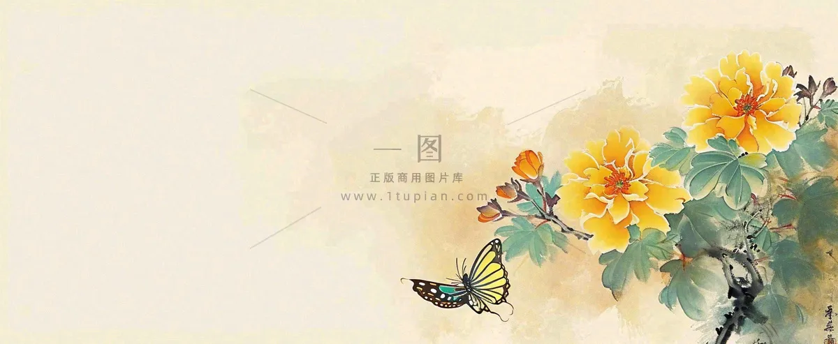 温馨纹理橙色花朵鲜花蝴蝶意境唯美渐变，中国风