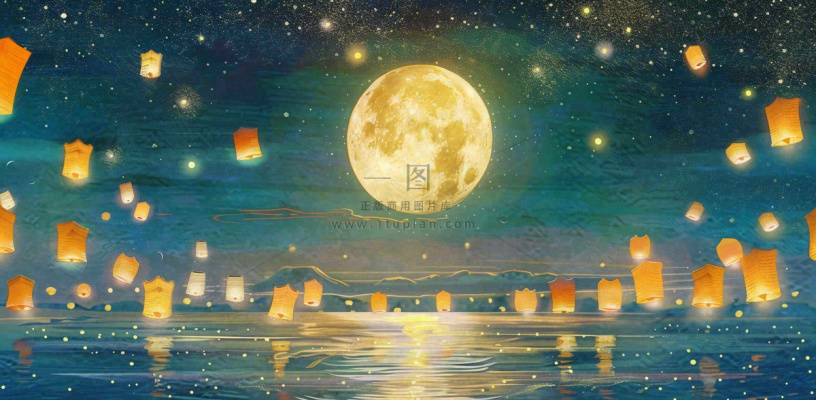 月亮中秋节河灯中元节风景唯美插画背景