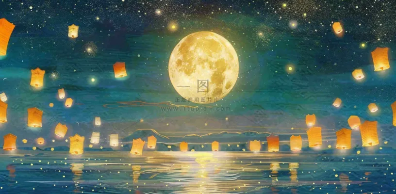 月亮中秋节河灯中元节风景唯美插画背景