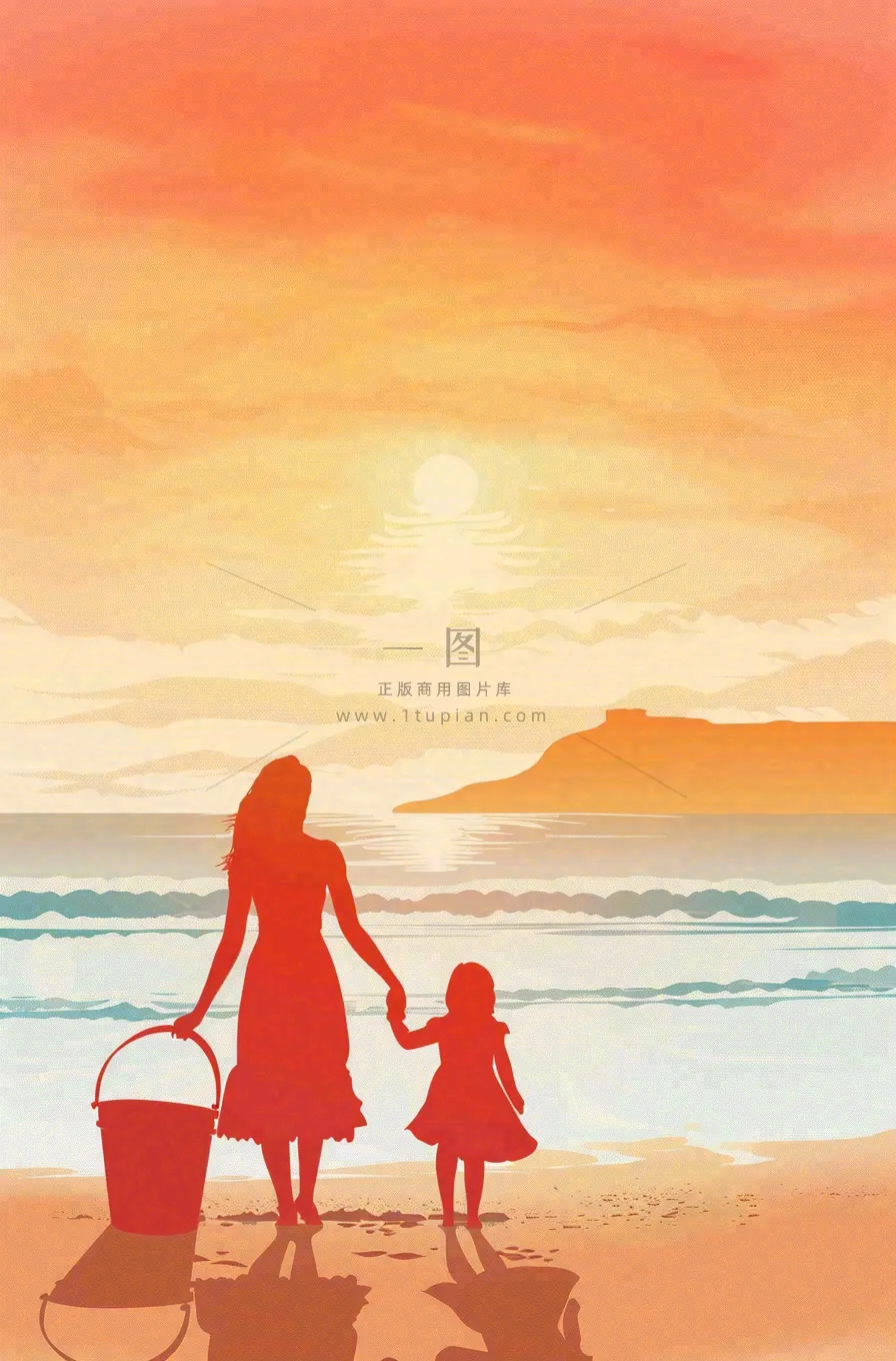夕阳晚霞下的海洋沙滩亲子散步母亲节插画背景
