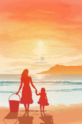 夕阳晚霞下的海洋沙滩亲子散步母亲节插画背景 夕阳晚霞下的海洋沙滩亲子散步母亲节插画背景