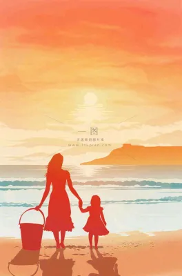 夕阳晚霞下的海洋沙滩亲子散步母亲节插画背景 夕阳晚霞下的海洋沙滩亲子散步母亲节插画背景