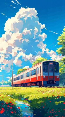 蓝天白云交通高铁铁路火车,草坪鲜花彩色插画 蓝天白云交通高铁铁路火车,草坪鲜花彩色插画