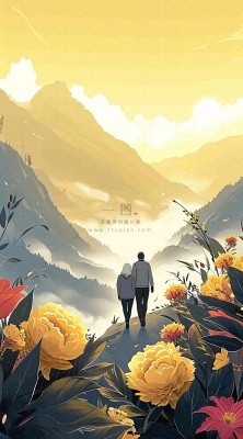 老人相伴到老，菊花黄色花朵，落日山脉