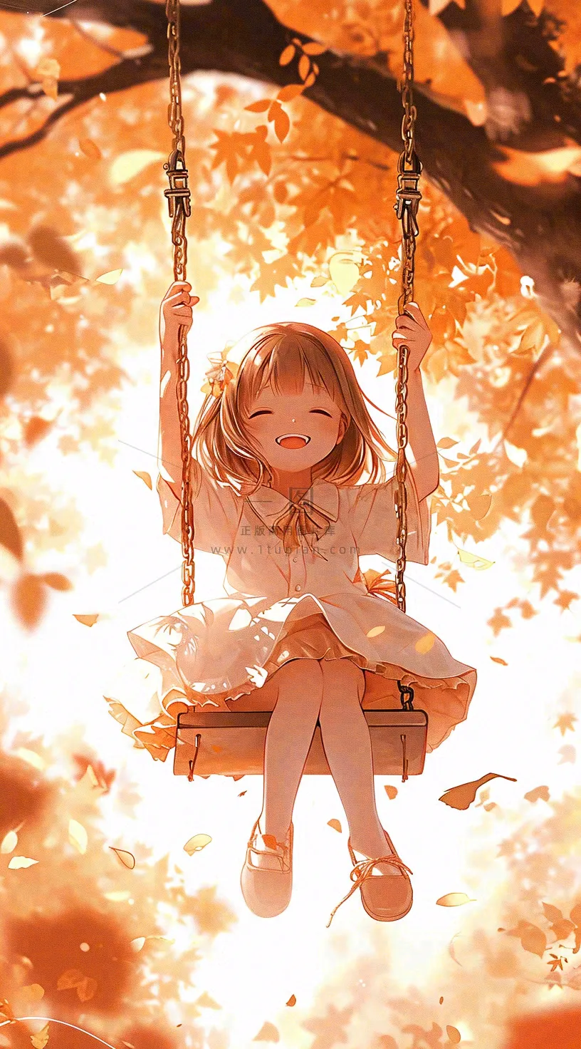 秋天秋叶少女儿童荡秋千玩耍,可爱手绘插画