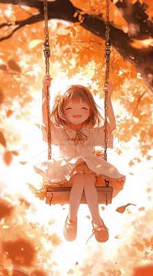 秋天秋叶少女儿童荡秋千玩耍,可爱手绘插画 秋天秋叶少女儿童荡秋千玩耍,可爱手绘插画