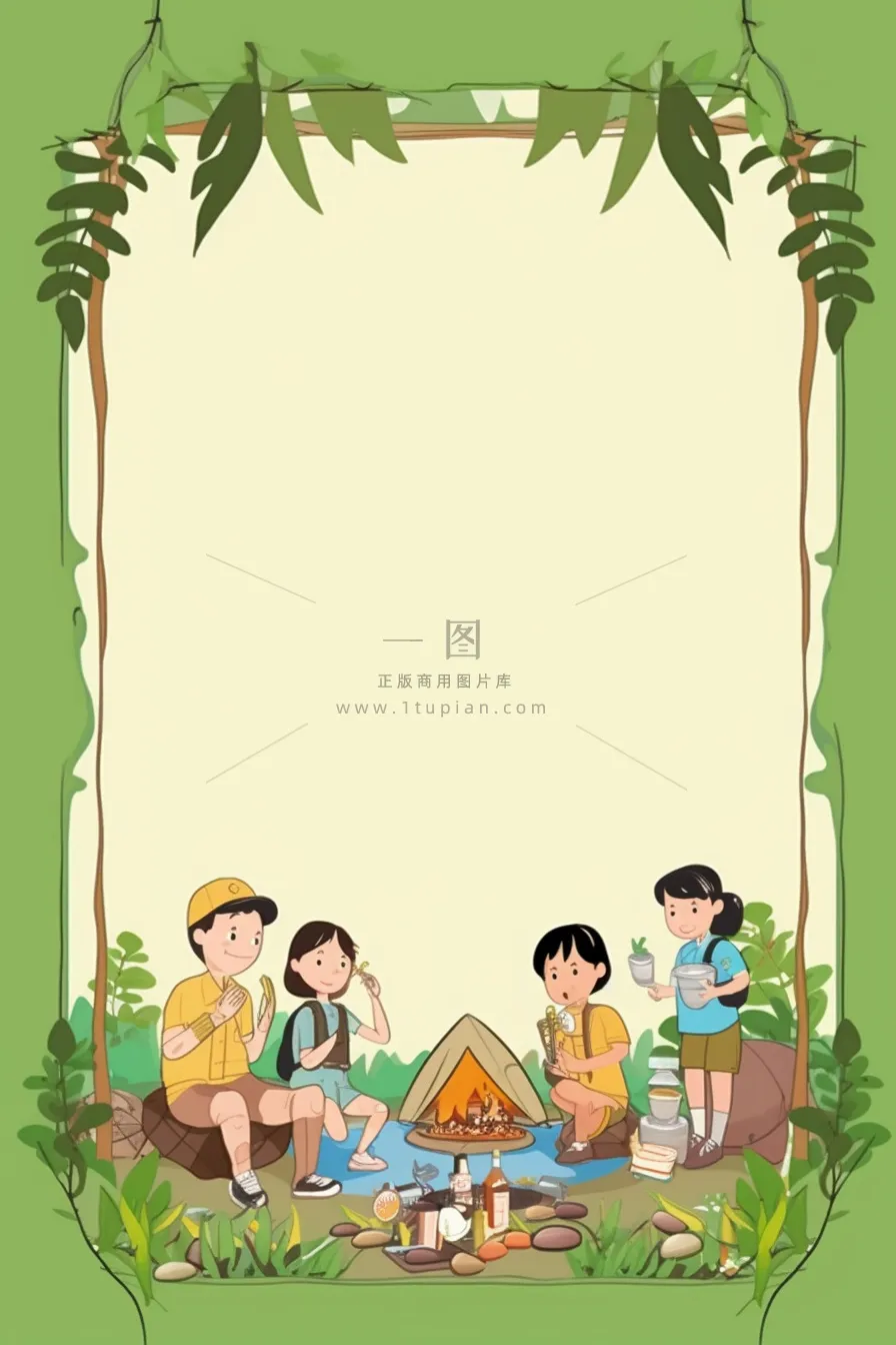亲子露营野营游玩绿色插画背景