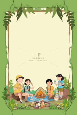 亲子露营野营游玩绿色插画背景 亲子露营野营游玩绿色插画背景
