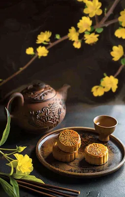 中秋月饼传统糕点美食圆月黄花摆盘精美摄影图