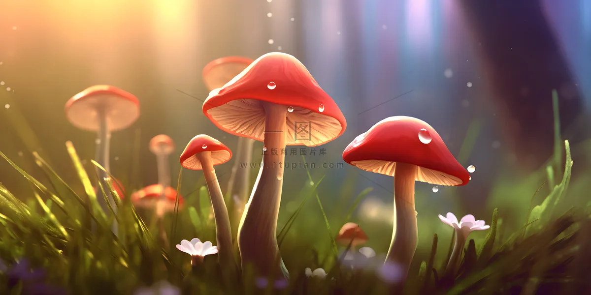 春天草丛蘑菇森林手绘插画海报素材背景