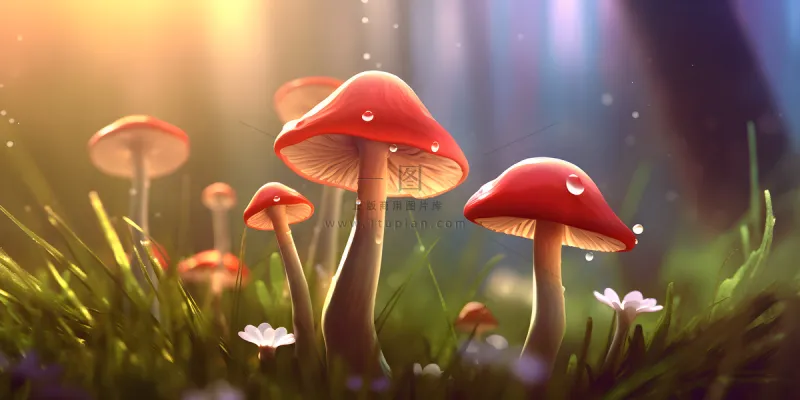 春天草丛蘑菇森林手绘插画海报素材背景 春天草丛蘑菇森林手绘插画海报素材背景