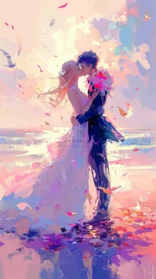 海边爱情情侣浪漫拥抱接吻，情人节婚纱照手绘插画