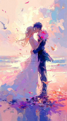 海边爱情情侣浪漫拥抱接吻,情人节婚纱照手绘插画 海边爱情情侣浪漫拥抱接吻,情人节婚纱照手绘插画