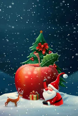 冬天雪地里的红苹果圣诞树圣诞老人童话平安夜圣诞节卡通插画背景 冬天雪地里的红苹果圣诞树圣诞老人童话平安夜圣诞节卡通插画背景