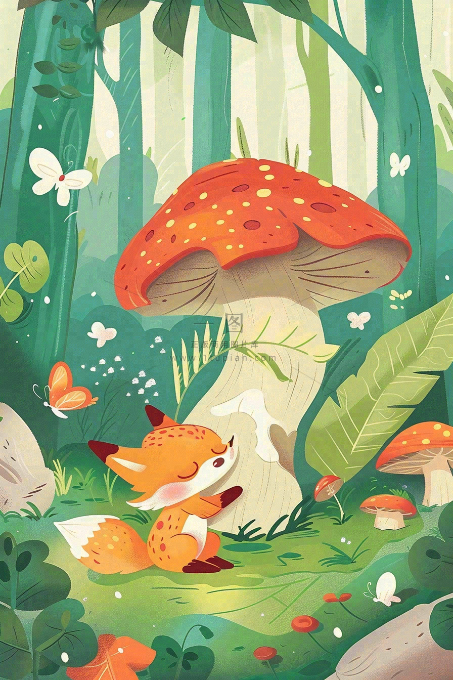 森林里的可爱狐狸在红蘑菇下玩耍唯美插画惊蛰处暑背景