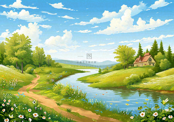 春日旅行草坪草丛花朵河流小溪野外郊游插画，春分