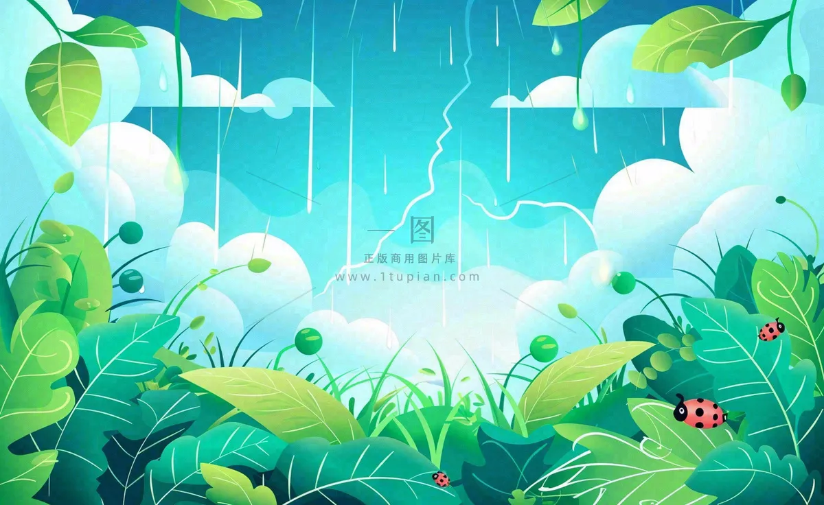 惊蛰雨水谷雨春天卡通手绘插画瓢虫昆虫绿色花草卡通插画背景