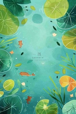 夏日池塘荷花睡莲水塘立夏小暑大暑处暑插画背景 夏日池塘荷花睡莲水塘立夏小暑大暑处暑插画背景