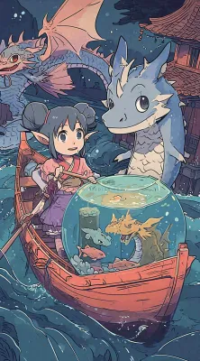 创意卡通古风河面人物游船,夜晚龙灯笼光照,海浪水面 创意卡通古风河面人物游船,夜晚龙灯笼光照,海浪水面