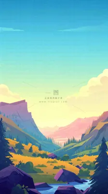 落日山脉河流小溪扁平手绘插画,旅行游玩登山郊游 落日山脉河流小溪扁平手绘插画,旅行游玩登山郊游
