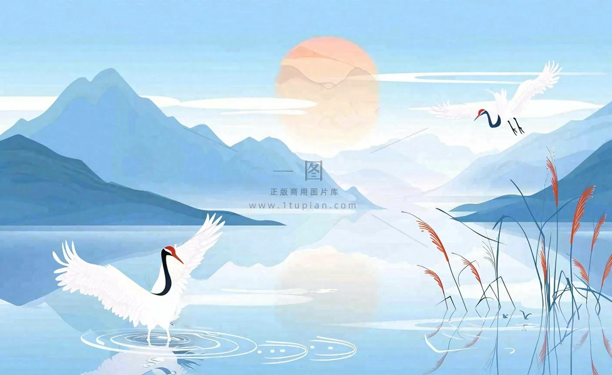 唯美白露仙鹤鸟山水风景秋天芦苇日落日出秋天插画背景