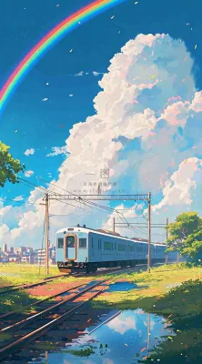 蓝天白云下草地河流高铁火车铁路手绘插画 蓝天白云下草地河流高铁火车铁路手绘插画