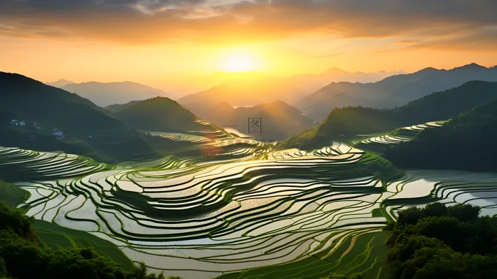 日落时的中国农村梯田鸟瞰摄影图