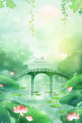 春夏绿意风景小清新荷花池塘拱桥绿荫阳光惊蛰春分立夏夏至水彩插画背景