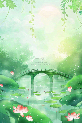 春夏绿意风景小清新荷花池塘拱桥绿荫阳光惊蛰春分立夏夏至水彩插画背景 春夏绿意风景小清新荷花池塘拱桥绿荫阳光惊蛰春分立夏夏至水彩插画背景