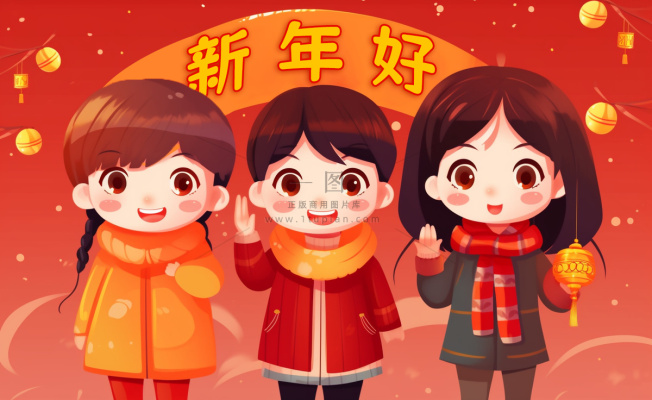 新年张灯结彩孩子们玩乐喜庆红色氛围庆祝卡通插画背景 新年张灯结彩孩子们玩乐喜庆红色氛围庆祝卡通插画背景