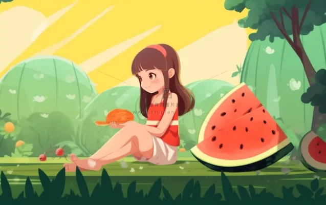 坐着西瓜草地的女孩插画背景