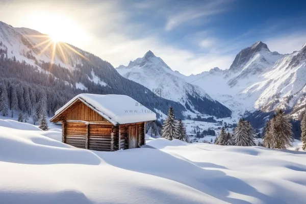 冬日雪山小木屋白雪覆盖摄影图