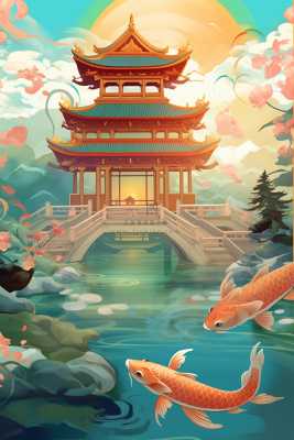 国潮夏天锦鲤唯美风景插画