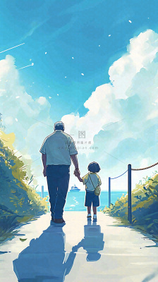 蓝天白云下父亲牵着手,父爱背影亲情伟大感恩 蓝天白云下父亲牵着手,父爱背影亲情伟大感恩