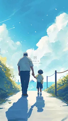 蓝天白云下父亲牵着手,父爱背影亲情伟大感恩 蓝天白云下父亲牵着手,父爱背影亲情伟大感恩