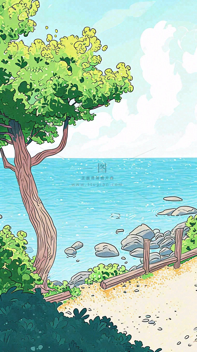 海边沙滩玩耍旅行夏日假期游玩手绘插画，可爱清新，夏至小暑大暑