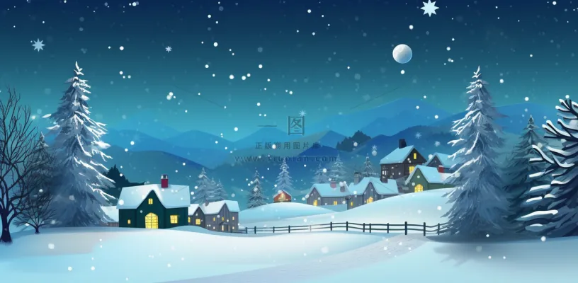 冬季雪天圣诞小镇装饰夜晚节日氛围卡通插画背景