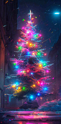 炫酷圣诞彩色缤纷圣诞树节日，夜晚街道建筑，暗黑