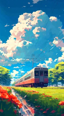 蓝天白云交通高铁铁路火车，草坪鲜花彩色插画