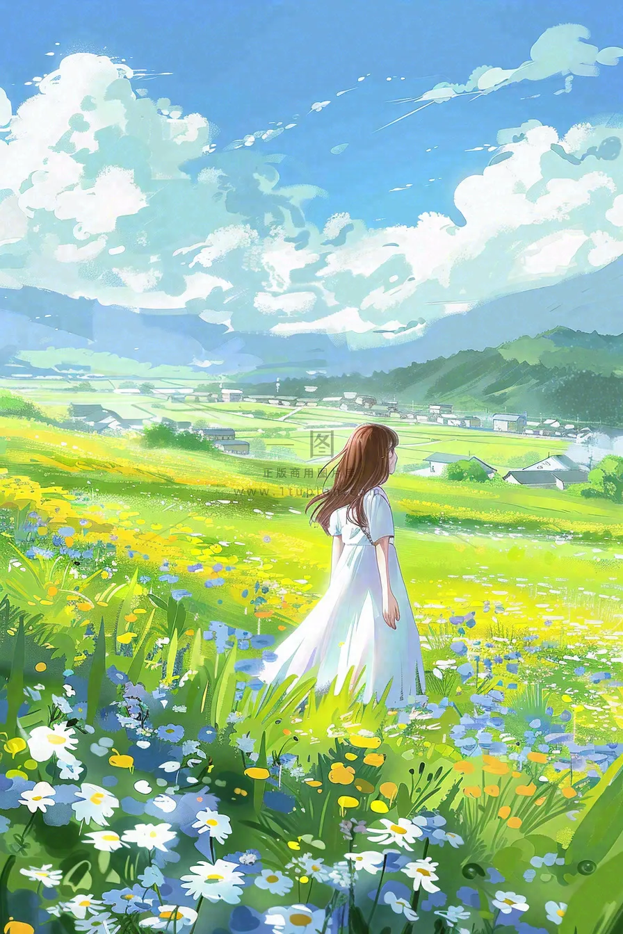 春夏花海里的少女美丽唯美小清新春分立夏夏至青春卡通插画背景