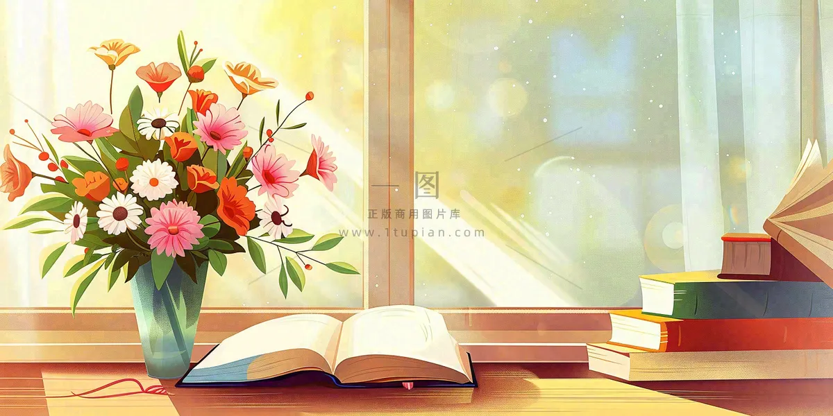 教师节办公桌窗边课本花束温馨唯美插画背景