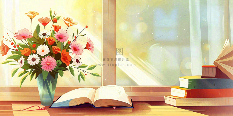 教师节办公桌窗边课本花束温馨唯美插画背景 教师节办公桌窗边课本花束温馨唯美插画背景